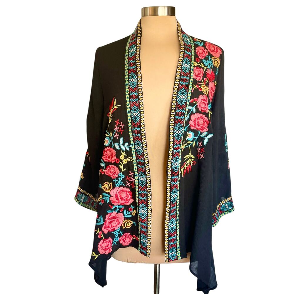 Andree Black Floral Embroidered Kimono Cardigan Size SM‎ Bohemian Whimsigoth